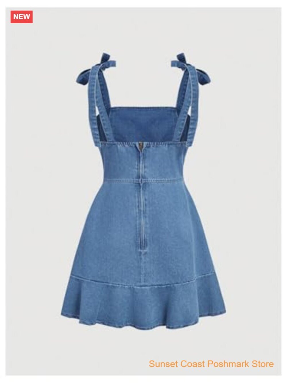 Tie Shoulder Sleeveless Denim Mini Dress with Layered Ruffle Hem - Picture 3 of 4